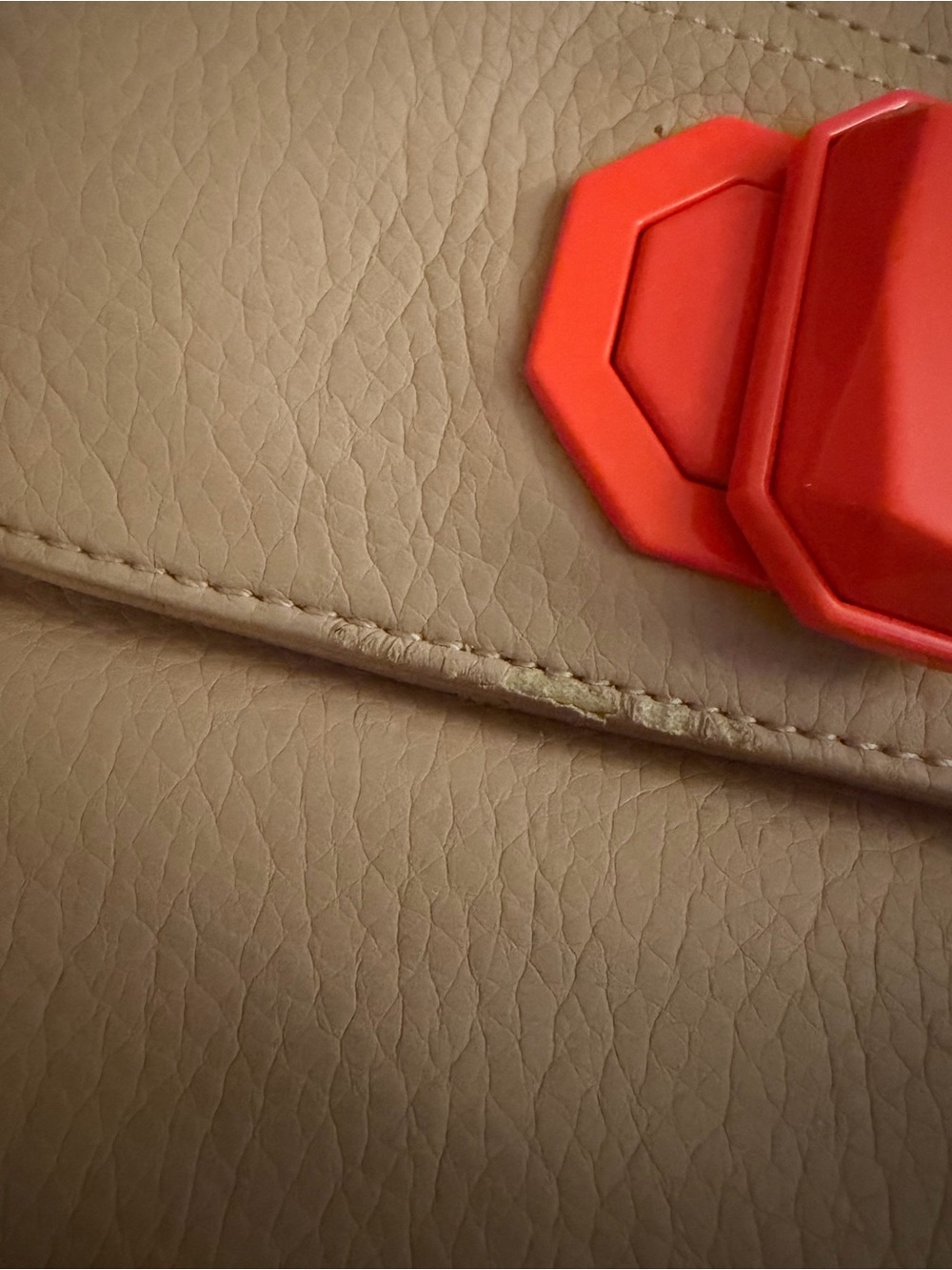 Tan Leather Handbag with Red Accent Hardware